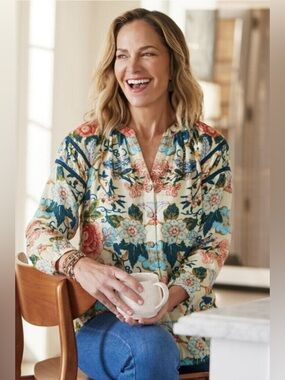 Soft Surroundings Boho Ecru Multi Floral Button-Up Cotton Soft Gauze Shirt PM